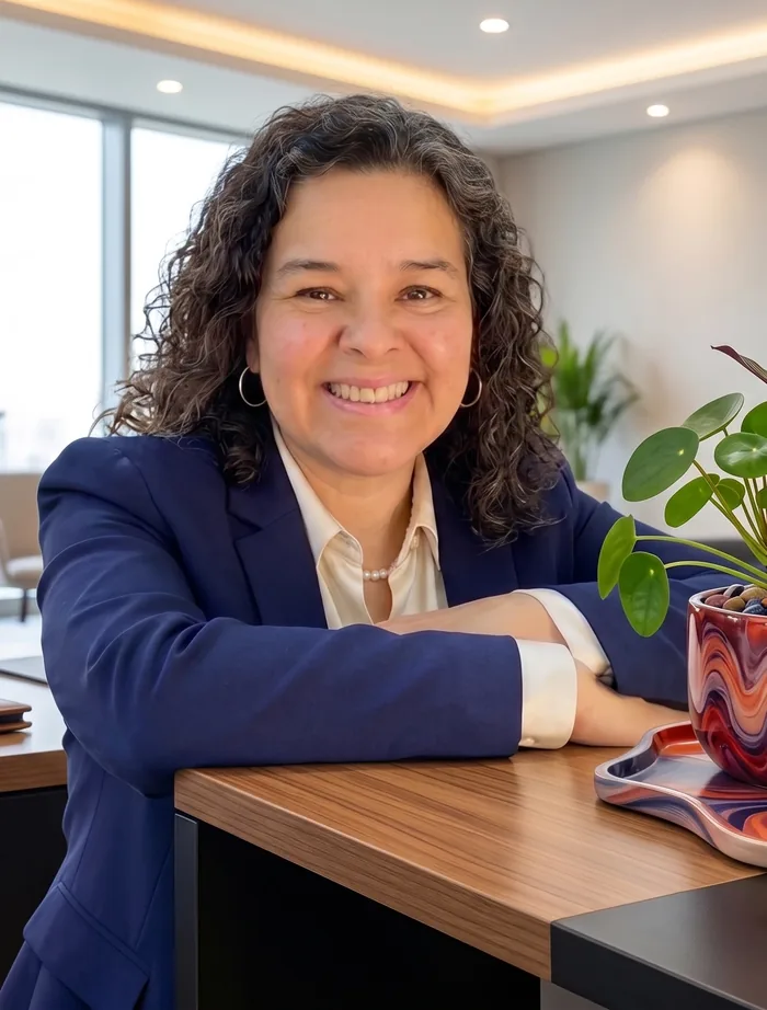 María del Carmen Ruiz Díaz sonriendo, apoyada en su escritorio de trabajo